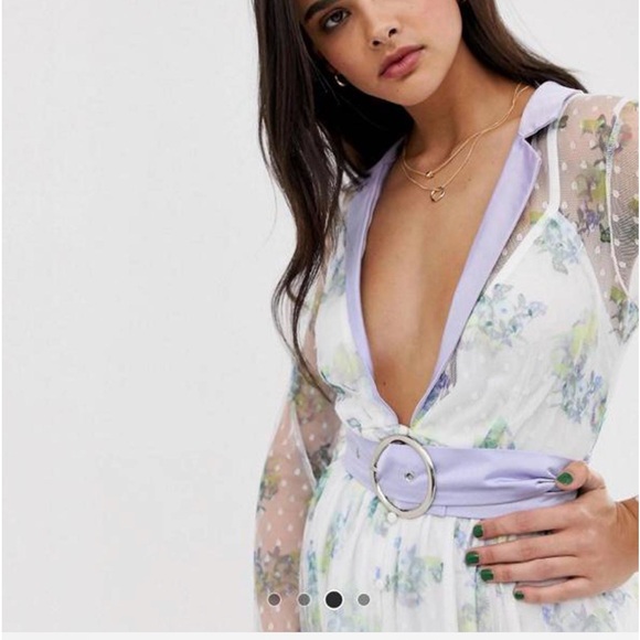 DUSTY DAZE lace plunge midi dress with lavender waist belt - Picture 3 of 4